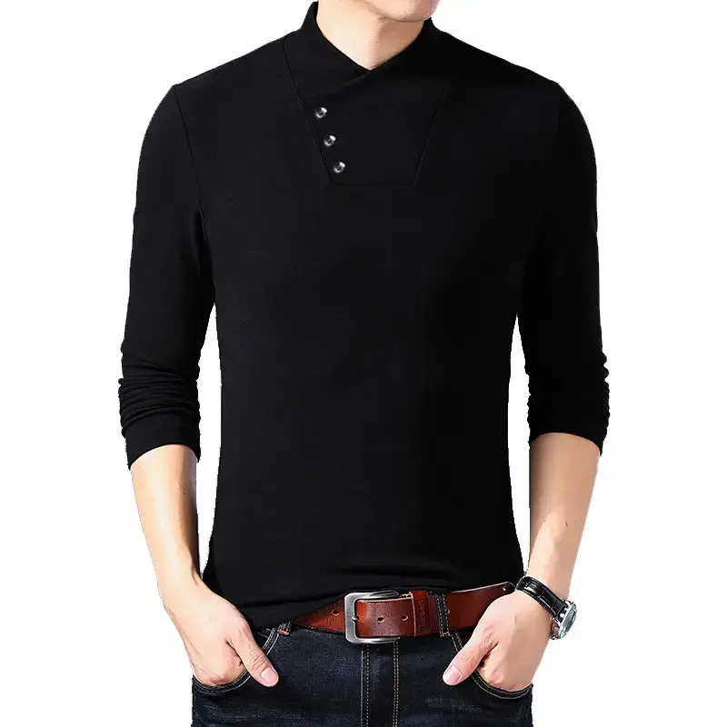 Men's Black Semi-High Collar Long Sleeve T-Shirt Large