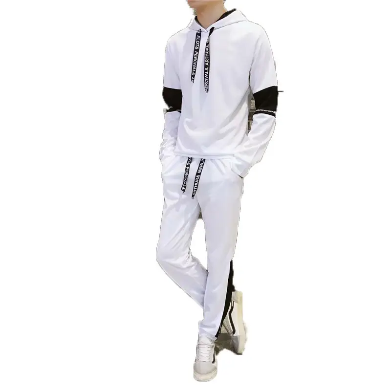 Men Casual Two-Piece Suit White Black Track Pants - Image 9