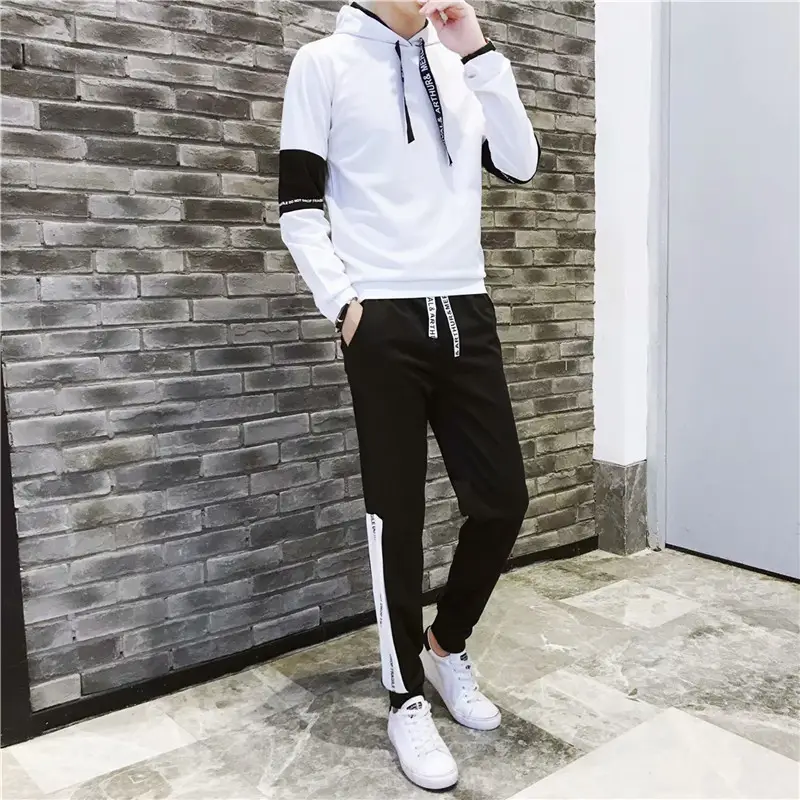 Men Casual Two-Piece Suit White Black Track Pants — feature 39