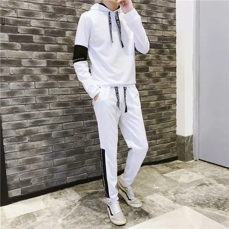 Men Casual Two-Piece Suit White Black Track Pants - Image 2