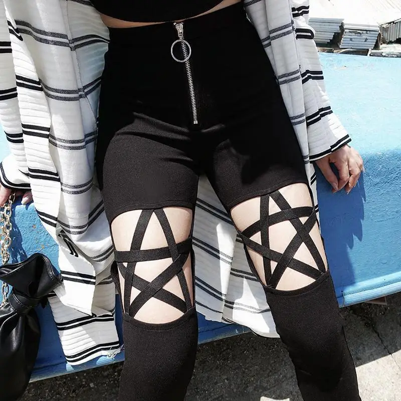 Women High Waist Star Hollow Zipper Pants Black — feature 2