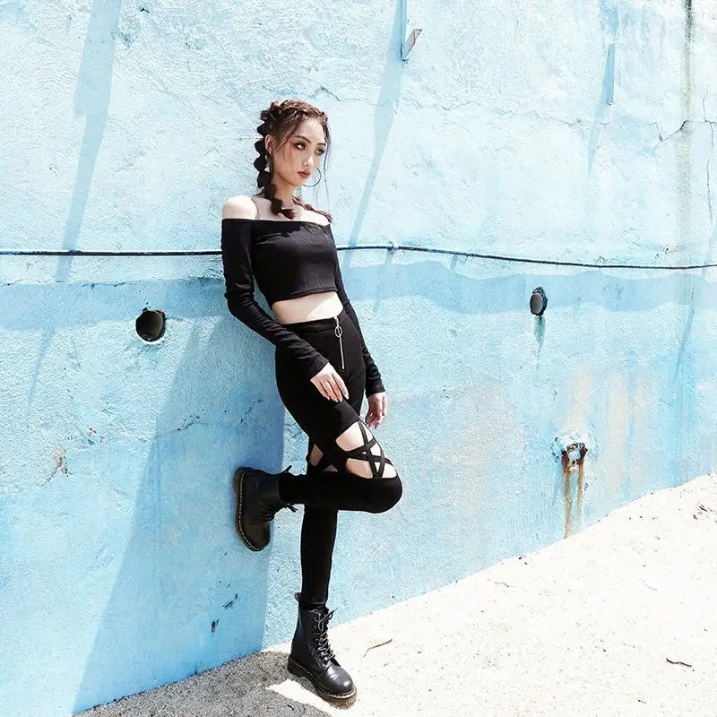 Women High Waist Star Hollow Zipper Pants Black — feature 3