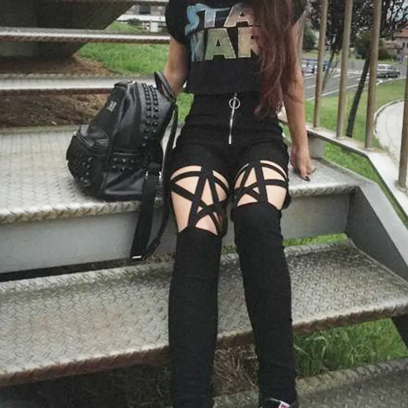 Women High Waist Star Hollow Zipper Pants Black — feature 5
