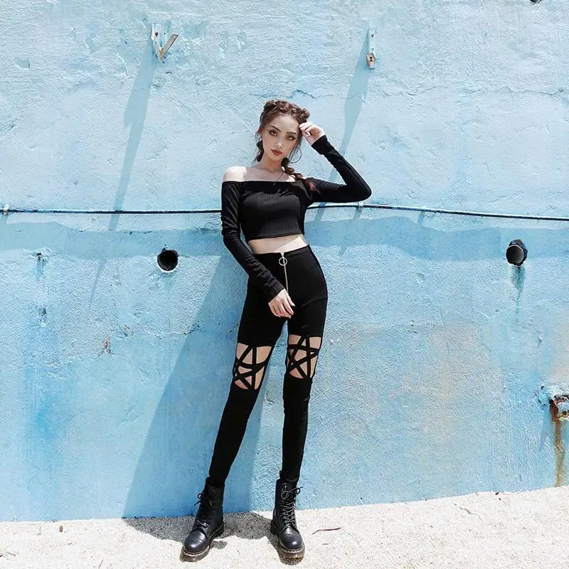 Women High Waist Star Hollow Zipper Pants Black — feature 6