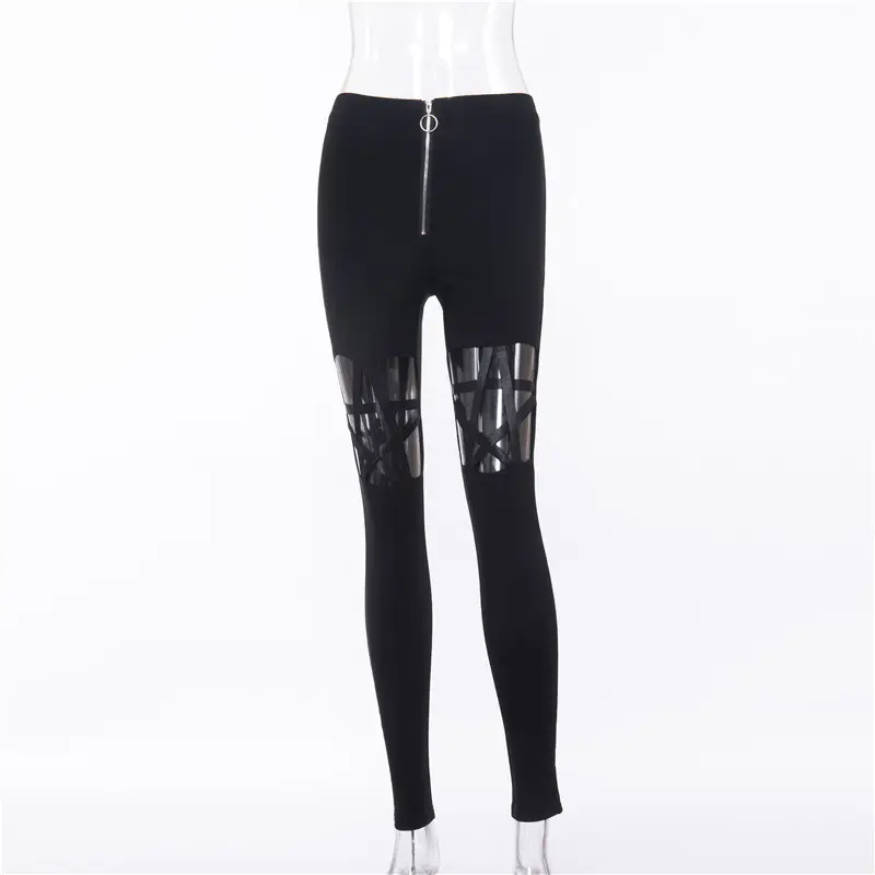 Women High Waist Star Hollow Zipper Pants Black — feature 8