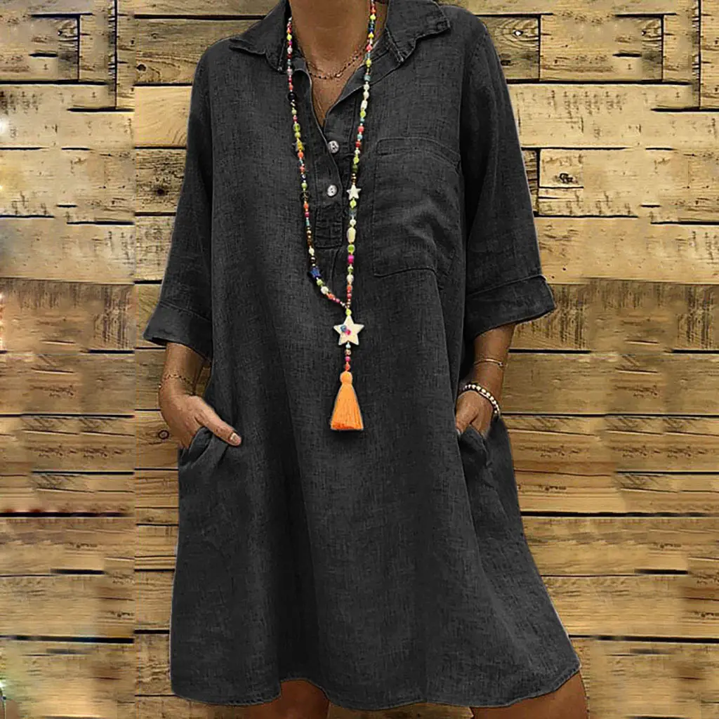 2025 Grey Cotton Seven Sleeve Collar Dress for Women - Image 7