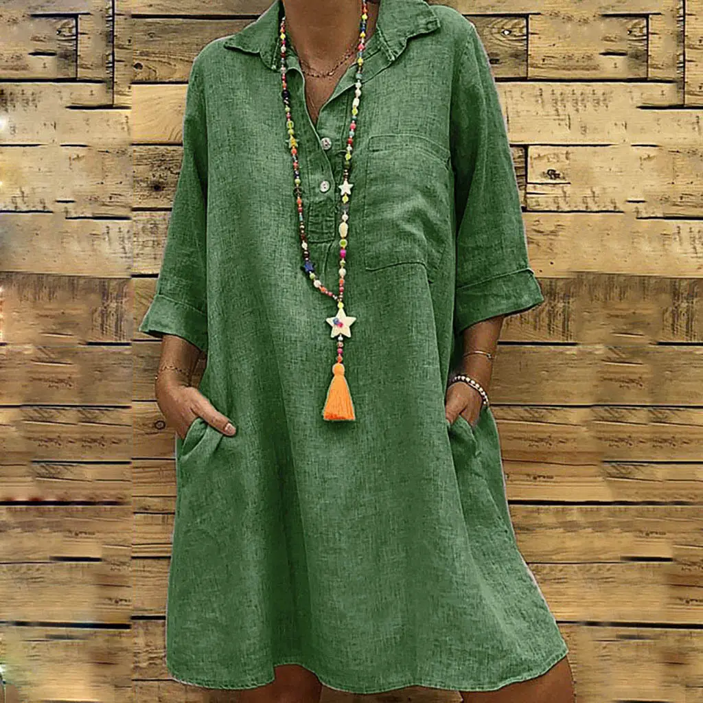 2025 Grey Cotton Seven Sleeve Collar Dress for Women - Image 4