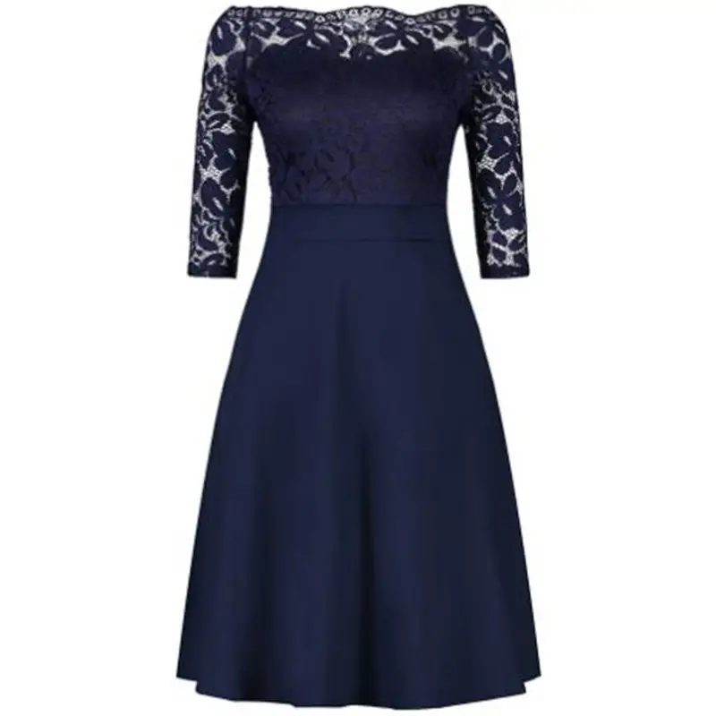 2024 Navy Blue Lace Mid Sleeve One Shoulder Dress - Image 3