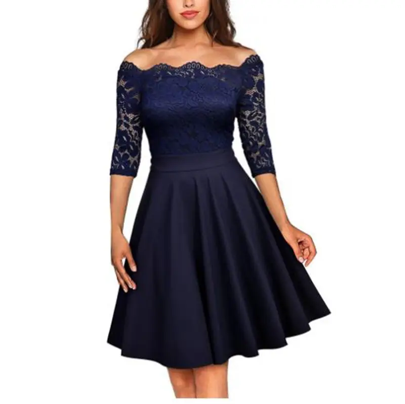 2024 Navy Blue Lace Mid Sleeve One Shoulder Dress - Image 4