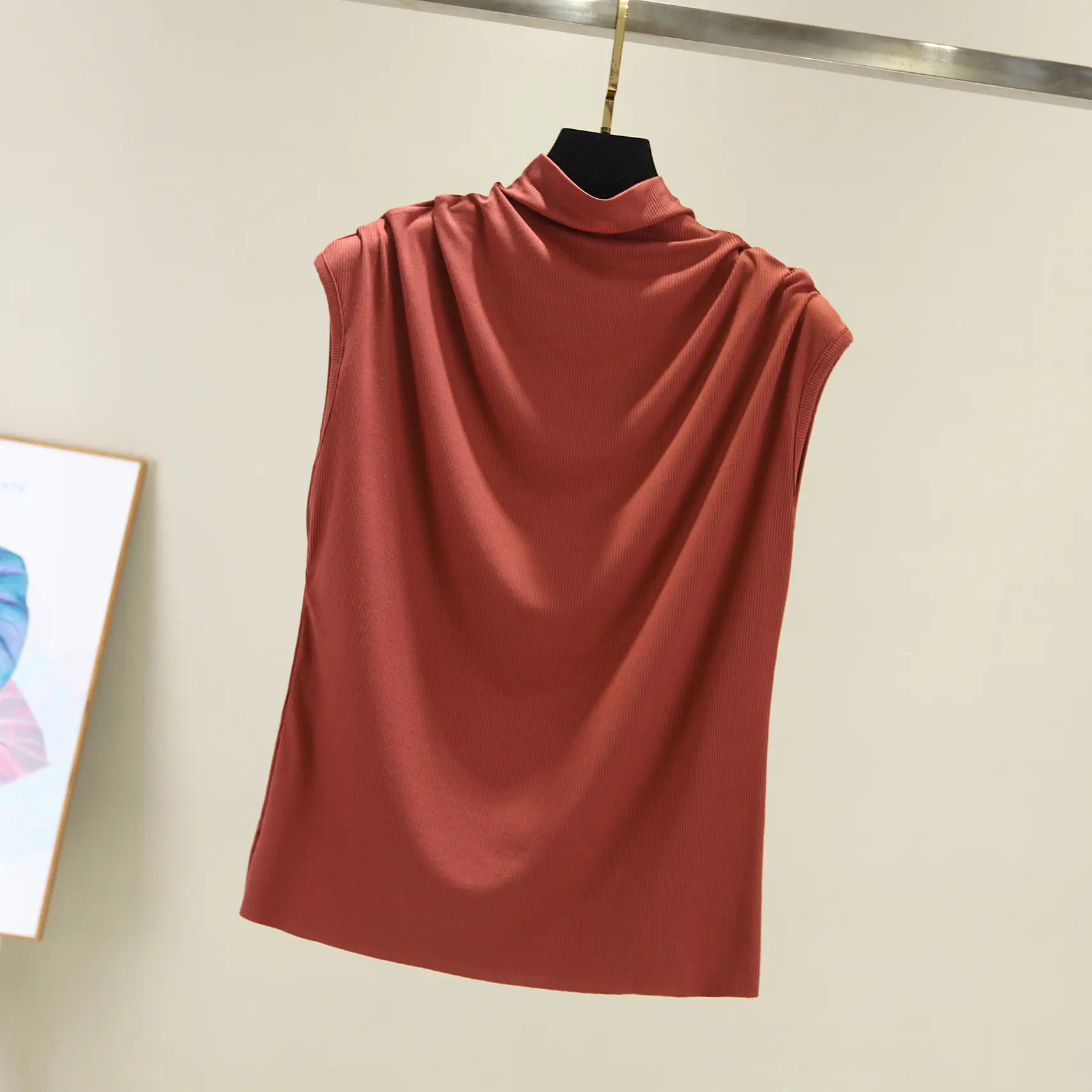 Women's Korean Style Turtleneck Shirt Red Short Sleeve - Image 8