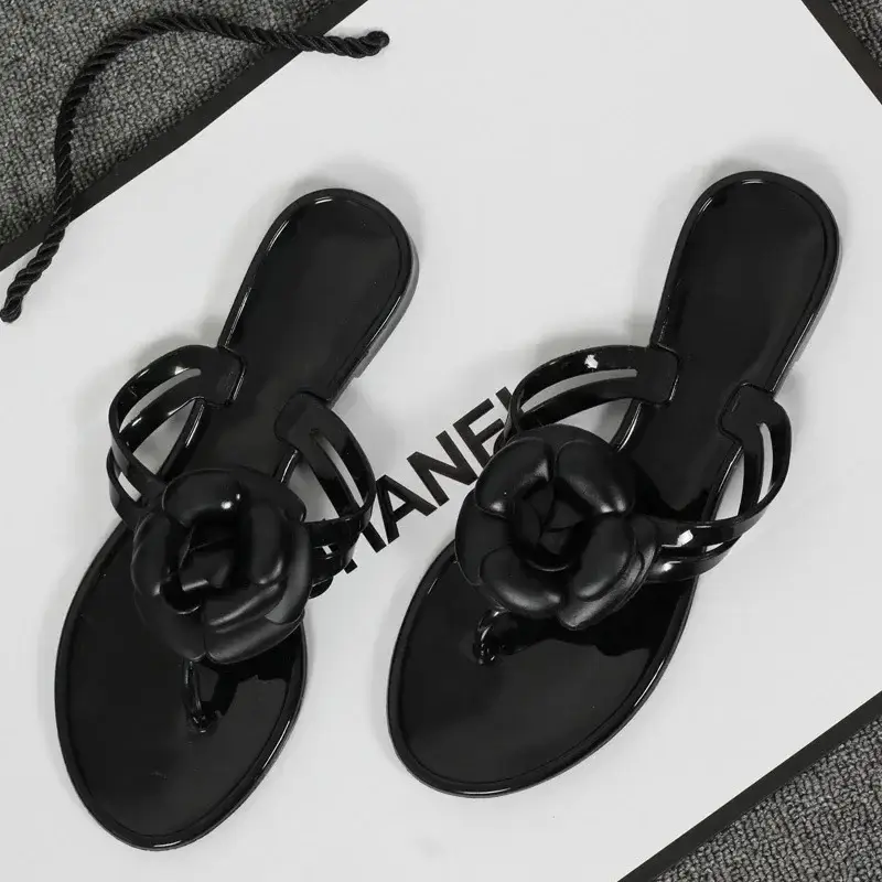 Black Floral Jelly Flat Sandals for Women