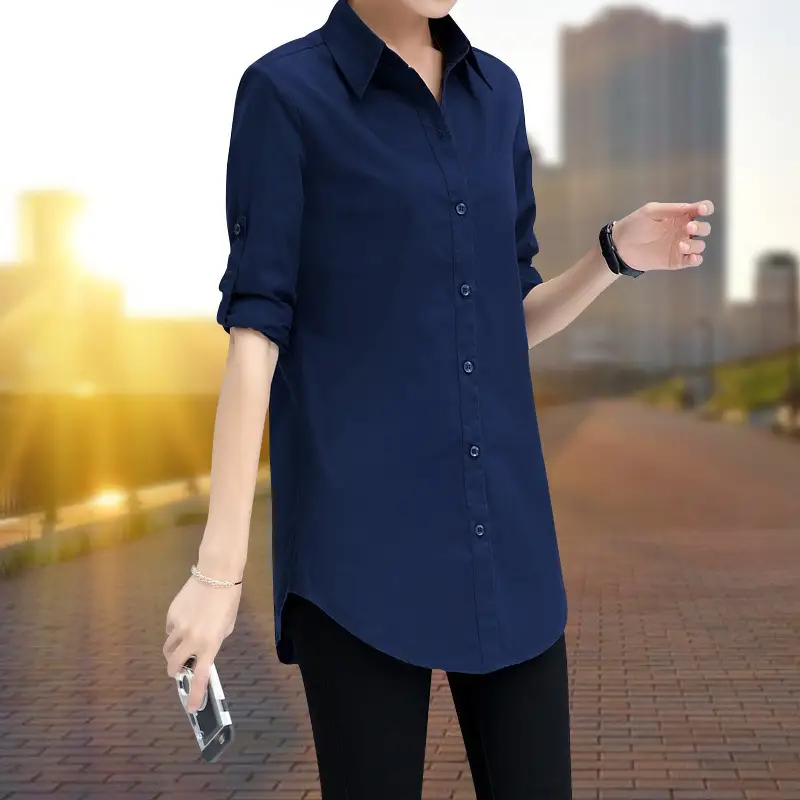 Women Mid-Length Light Blue Button Front Shirt - Image 6