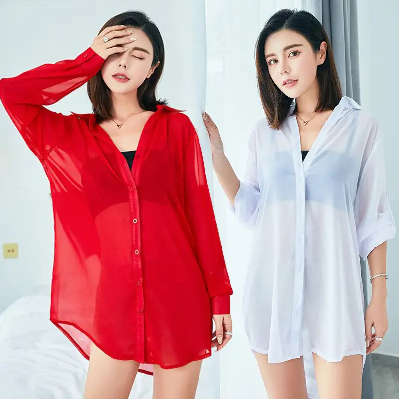 White Transparent Long Sleeve Chiffon Pajamas