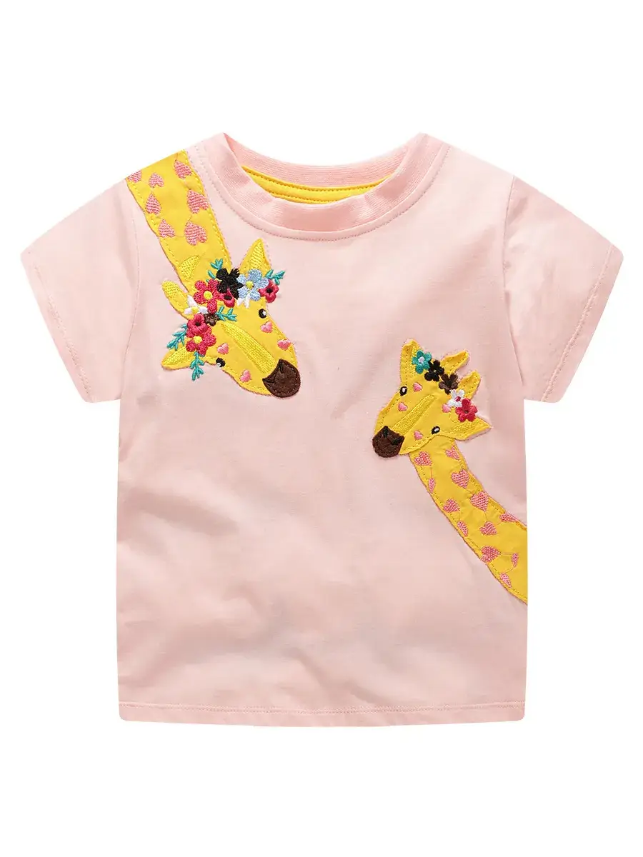 Pink Embroidered Girls T-Shirt with Giraffe Design - Image 6