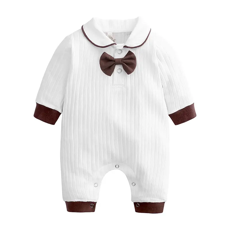 Kids Baby Jumpsuit White Brown Cotton Long Sleeve - Image 2