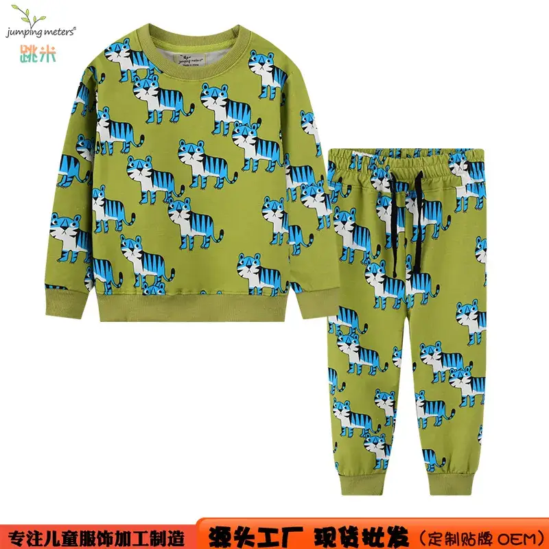 Boys Dinosaur Cartoon Suit Green Cotton Two-Piece - Image 2