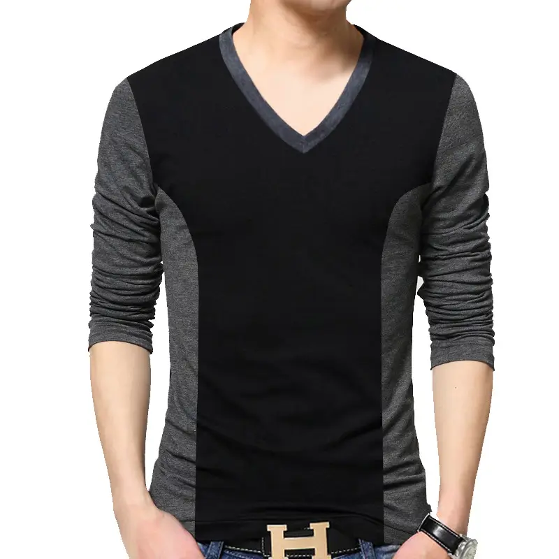 Men Cotton VV Long Sleeve T-Shirt Grey Black Large - Image 9
