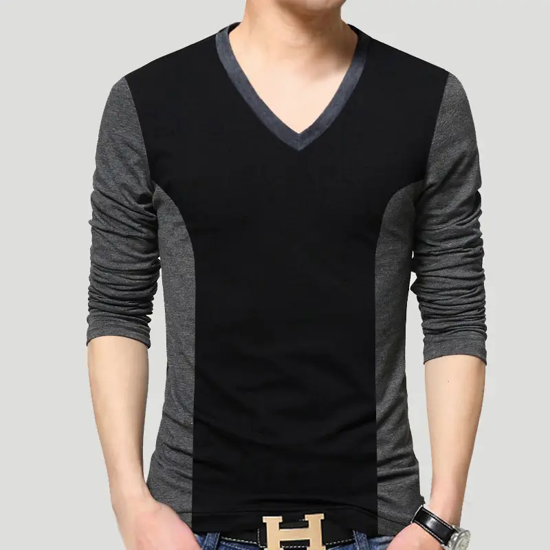 Men Cotton VV Long Sleeve T-Shirt Grey Black Large - Image 2