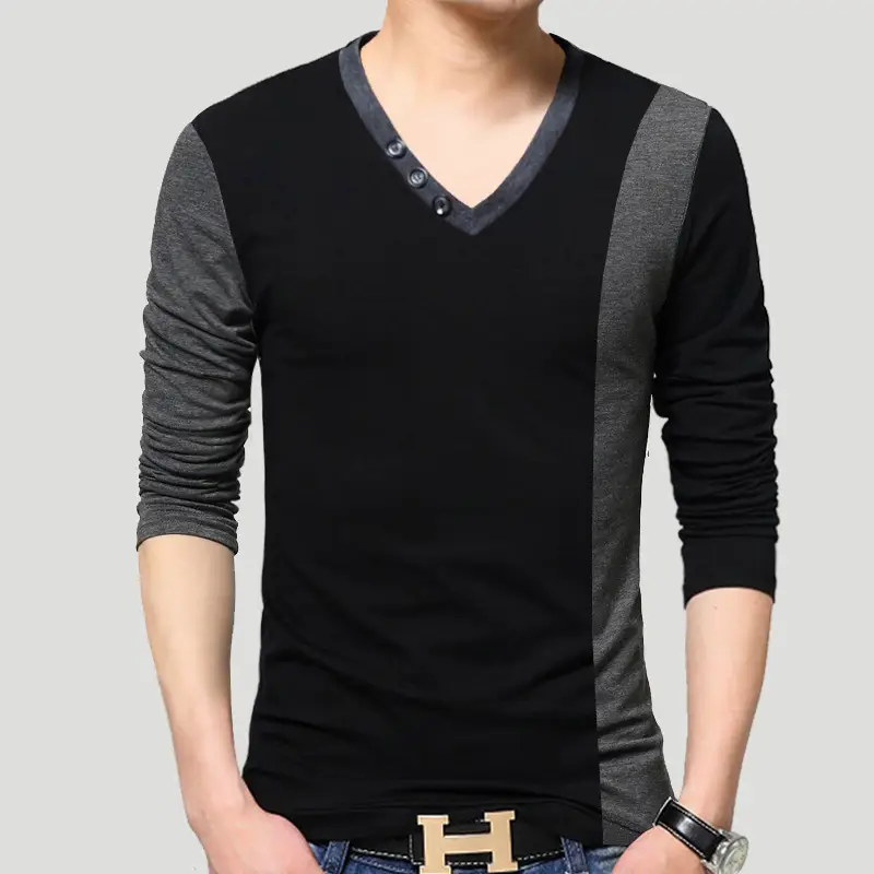 Men Cotton VV Long Sleeve T-Shirt Grey Black Large - Image 3