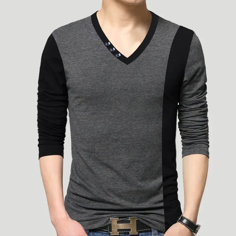 Men Cotton VV Long Sleeve T-Shirt Grey Black Large - Image 4