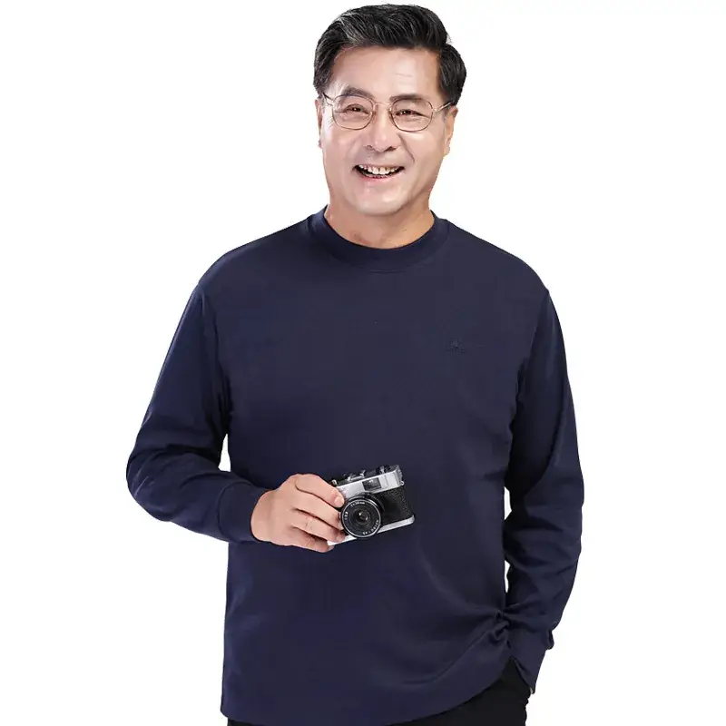 Men Navy Cotton T-Shirt Mid-High Collar Dad Shirt - Image 6