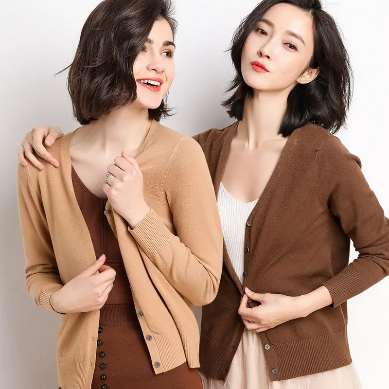 Women's V-Neck Long Sleeve Thin Sweater Cardigan Beige - Image 28