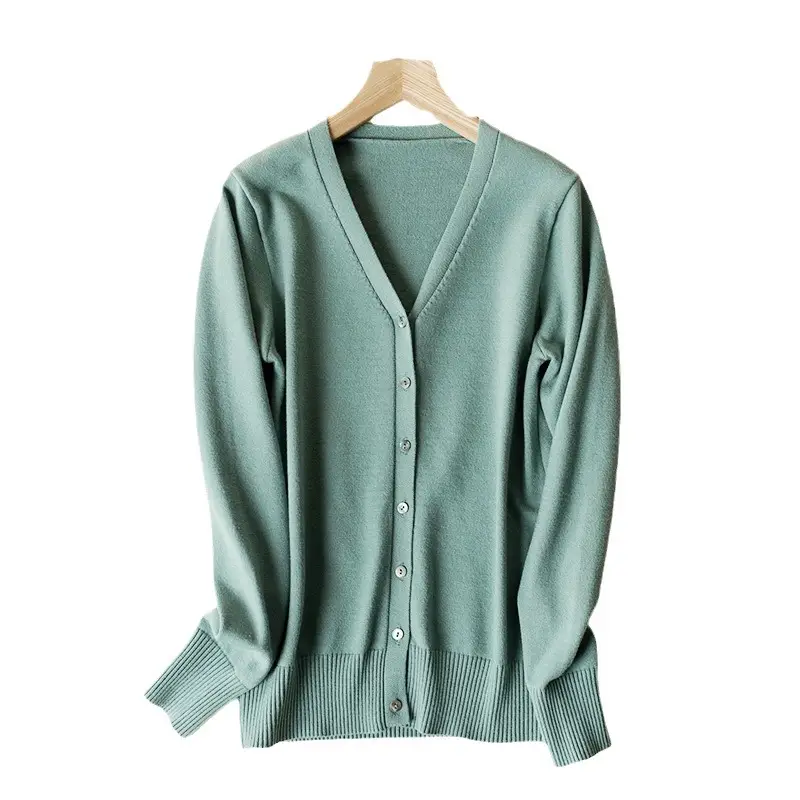 Women's V-Neck Long Sleeve Thin Sweater Cardigan Beige - Image 30