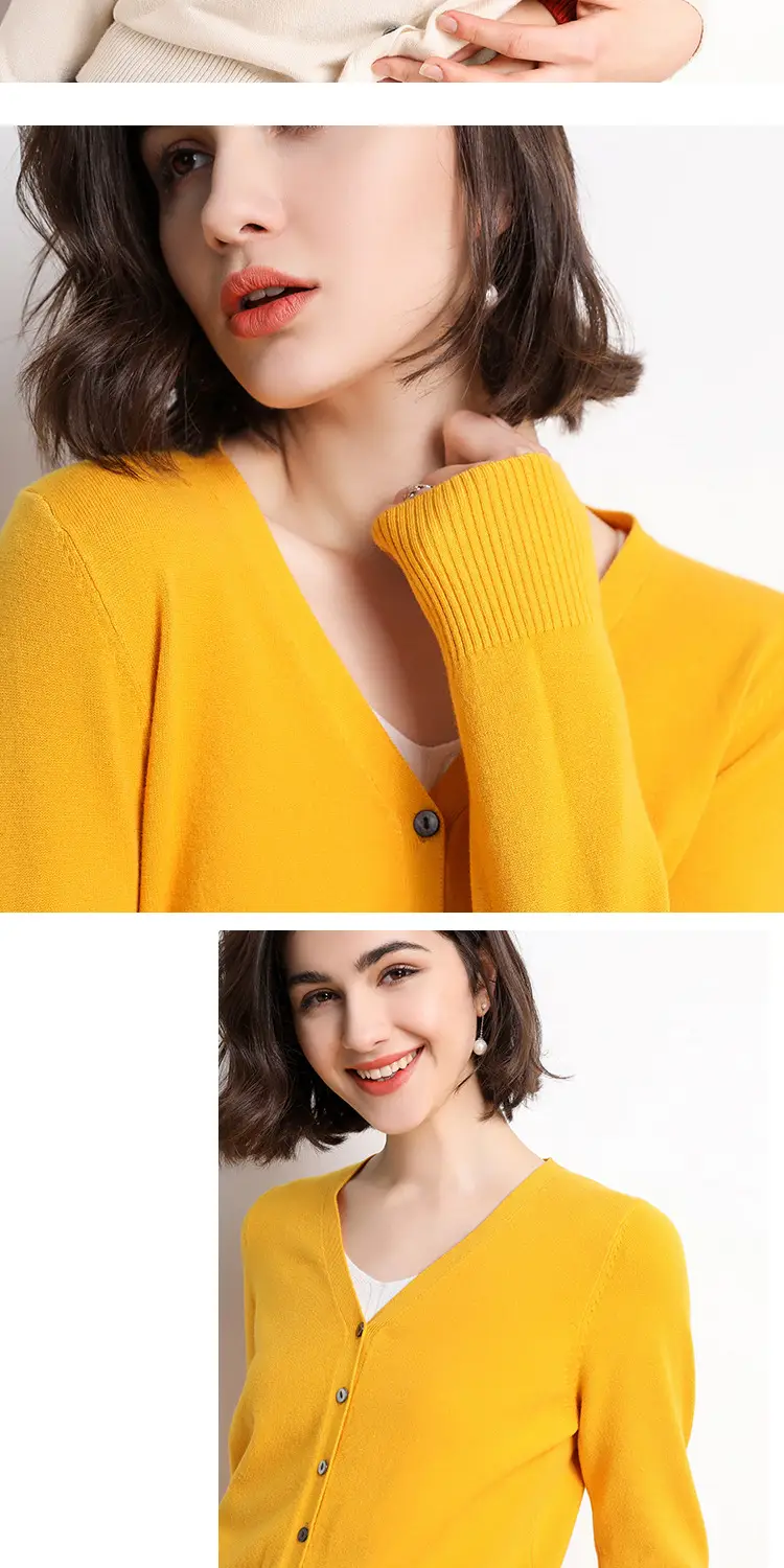 Women's V-Neck Long Sleeve Thin Sweater Cardigan Beige — feature 11
