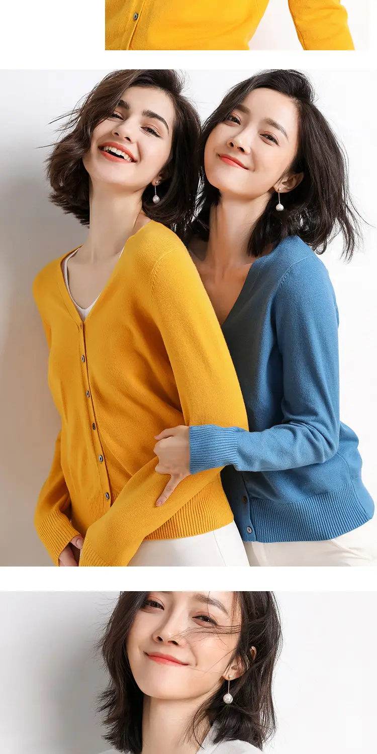 Women's V-Neck Long Sleeve Thin Sweater Cardigan Beige — feature 12