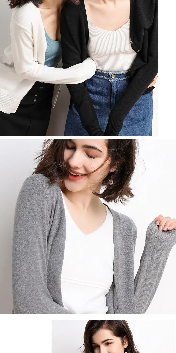Women's V-Neck Long Sleeve Thin Sweater Cardigan Beige — feature 14