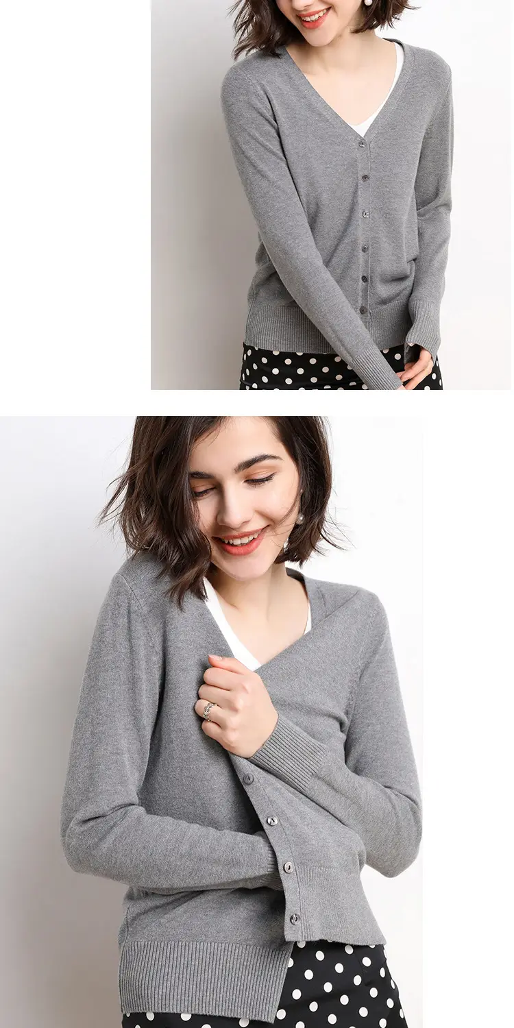 Women's V-Neck Long Sleeve Thin Sweater Cardigan Beige — feature 15