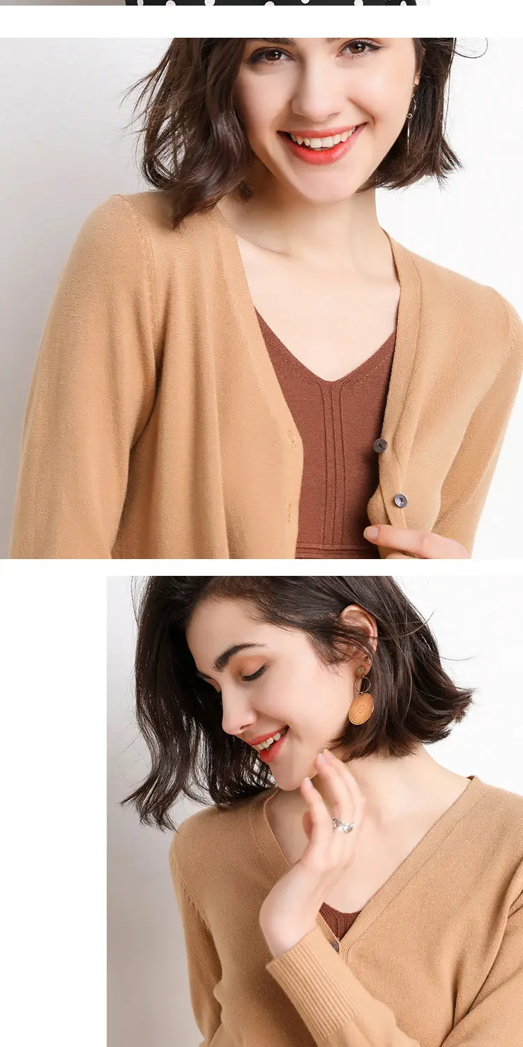 Women's V-Neck Long Sleeve Thin Sweater Cardigan Beige — feature 16