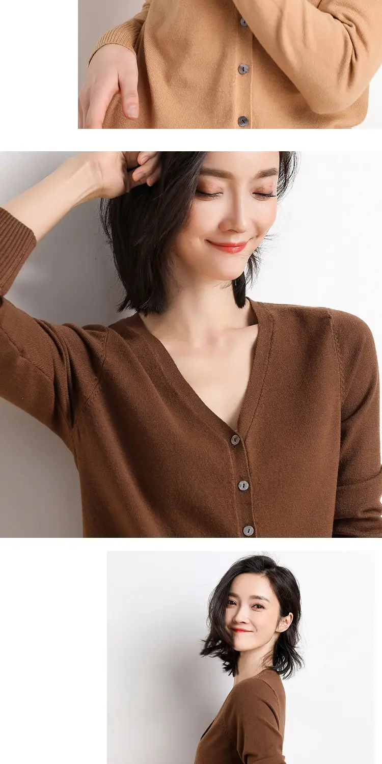 Women's V-Neck Long Sleeve Thin Sweater Cardigan Beige — feature 17