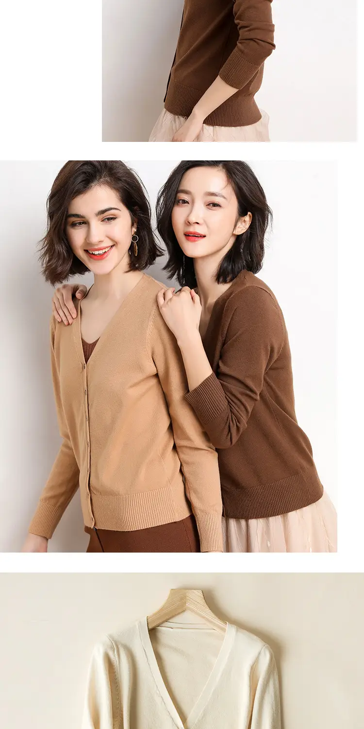 Women's V-Neck Long Sleeve Thin Sweater Cardigan Beige — feature 18