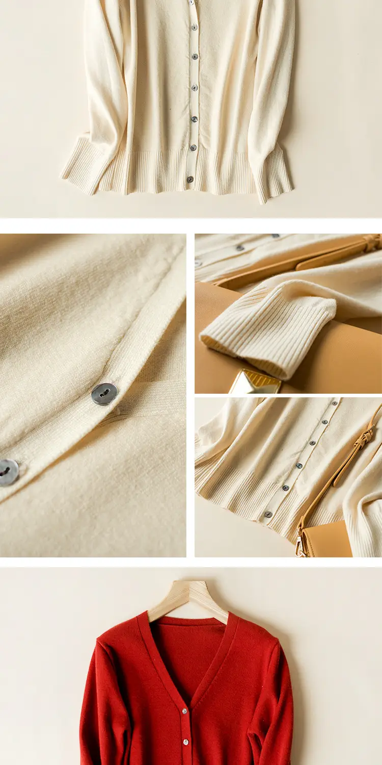 Women's V-Neck Long Sleeve Thin Sweater Cardigan Beige — feature 19