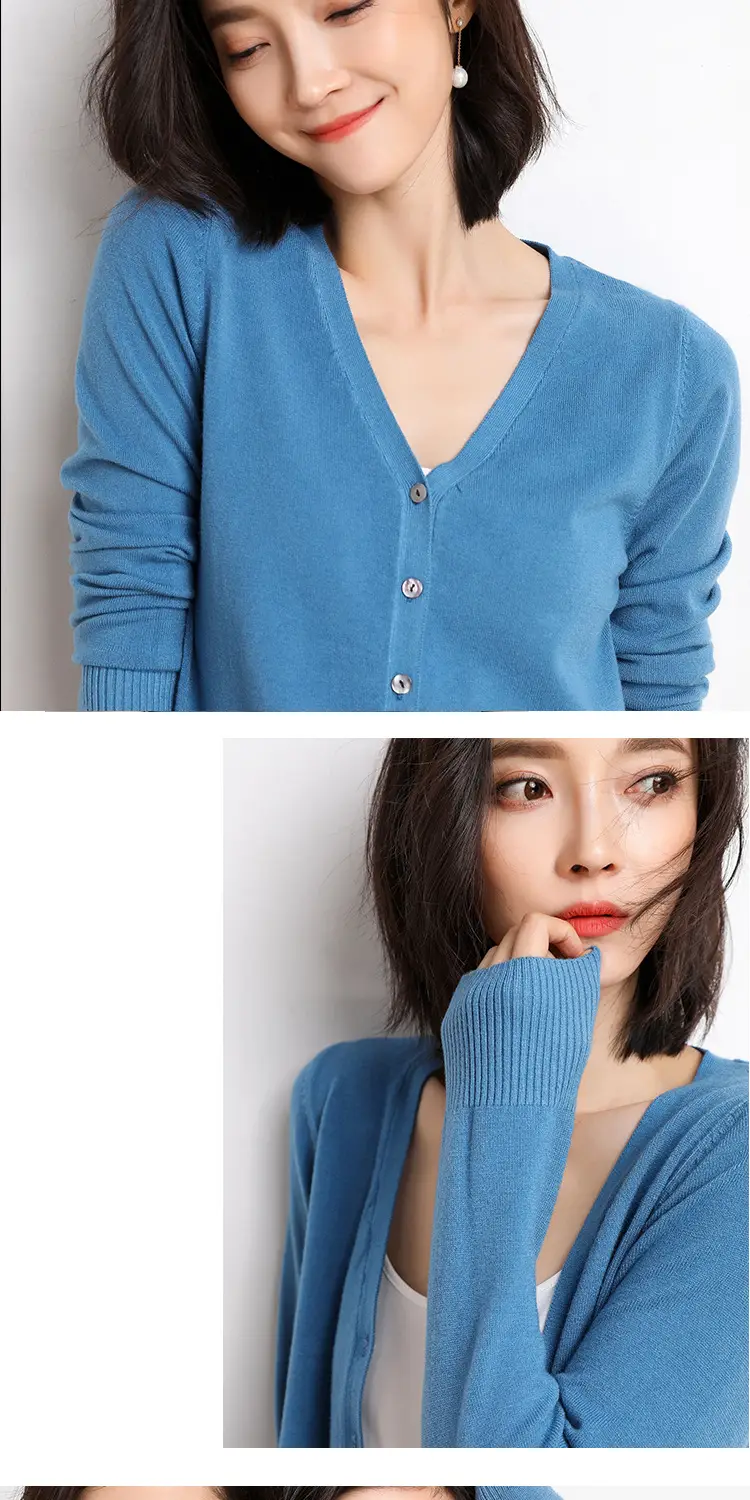 Women's V-Neck Long Sleeve Thin Sweater Cardigan Beige — feature 6