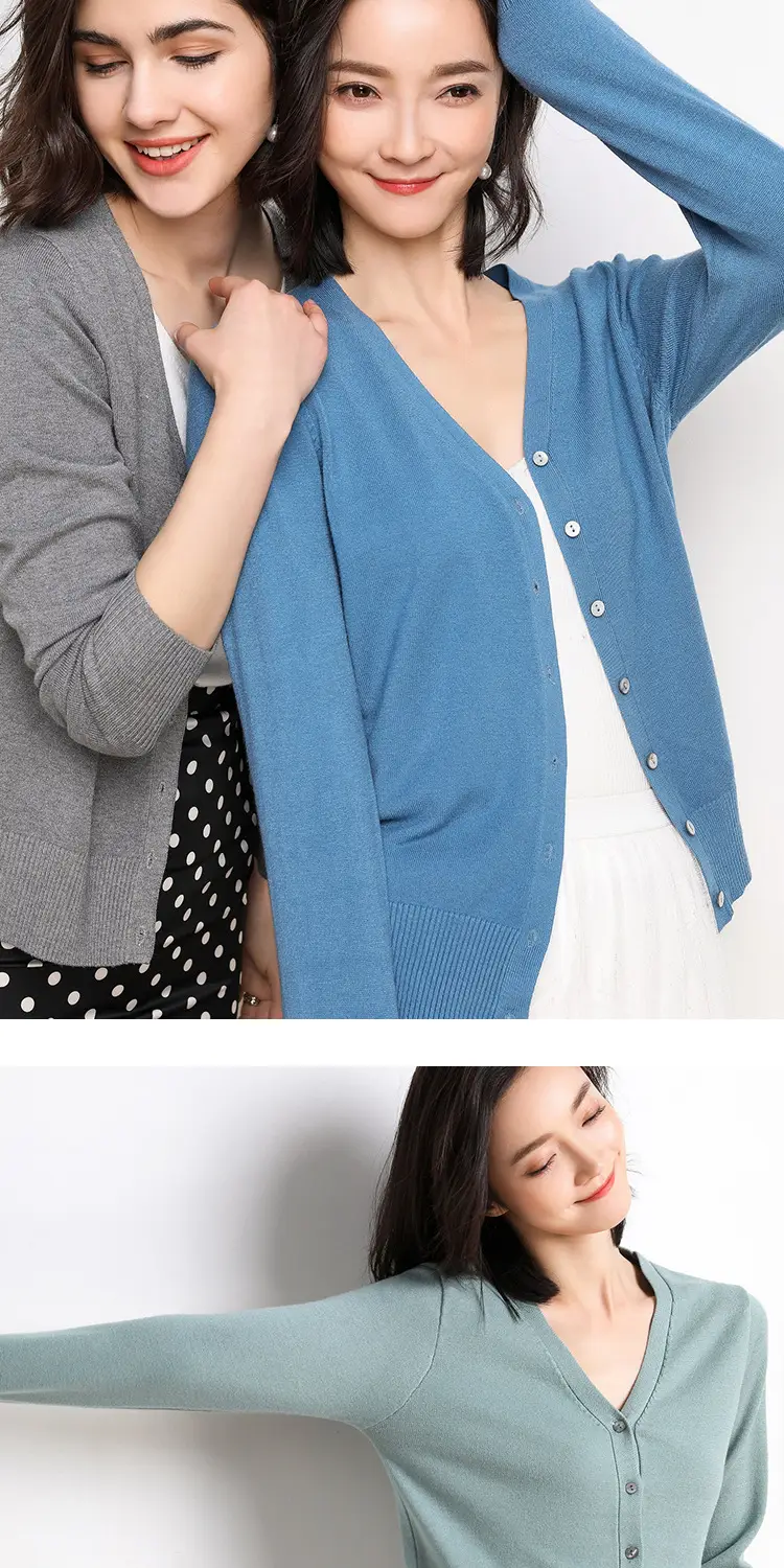 Women's V-Neck Long Sleeve Thin Sweater Cardigan Beige — feature 7