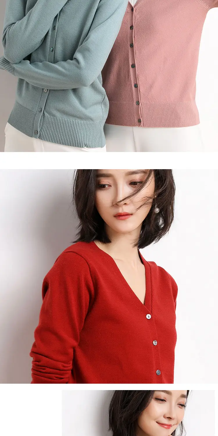 Women's V-Neck Long Sleeve Thin Sweater Cardigan Beige — feature 9