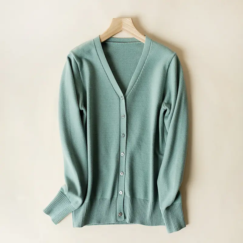 Women's V-Neck Long Sleeve Thin Sweater Cardigan Beige - Image 4