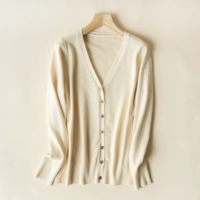 Women's V-Neck Long Sleeve Thin Sweater Cardigan Beige - Image 7