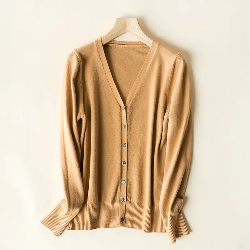 Women's V-Neck Long Sleeve Thin Sweater Cardigan Beige - Image 9