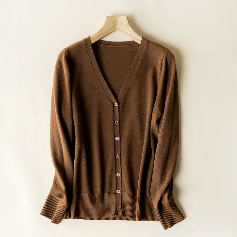 Women's V-Neck Long Sleeve Thin Sweater Cardigan Beige - Image 10