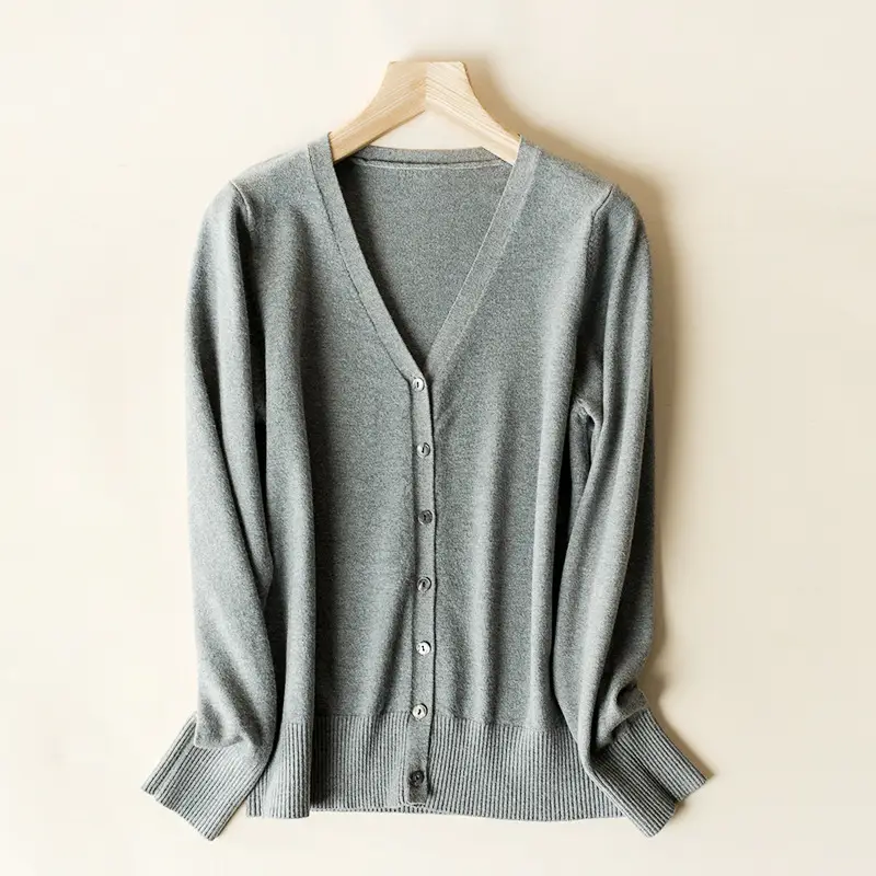 Women's V-Neck Long Sleeve Thin Sweater Cardigan Beige - Image 2