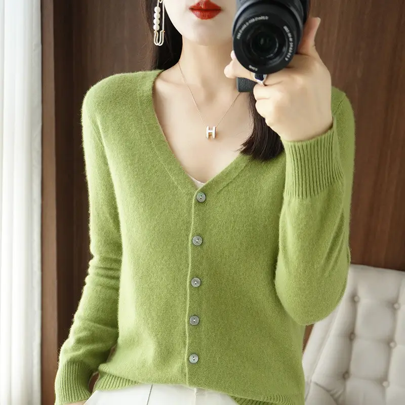 Women's V-Neck Long Sleeve Thin Sweater Cardigan Beige - Image 15