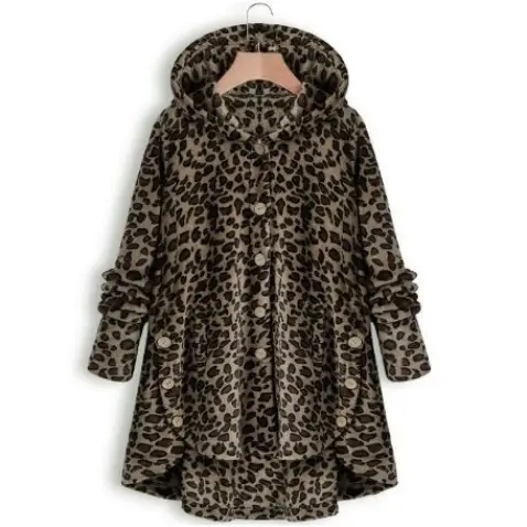 Women's Leopard Print Hooded Jacket Brown Button Front - Image 9