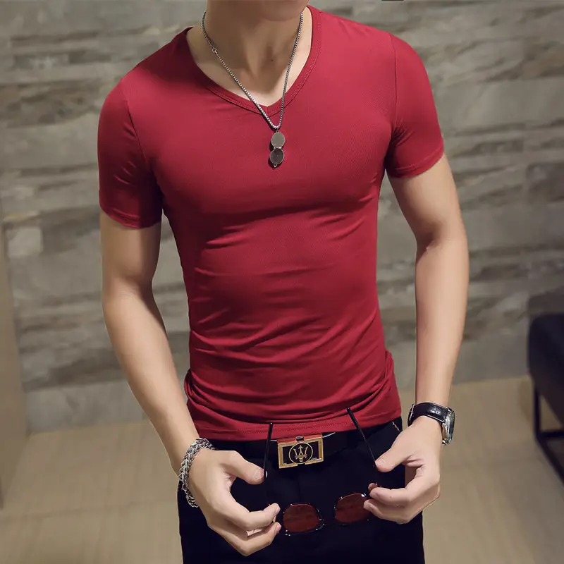 Men V-Neck Slim Fit T-Shirt Grey - Image 23