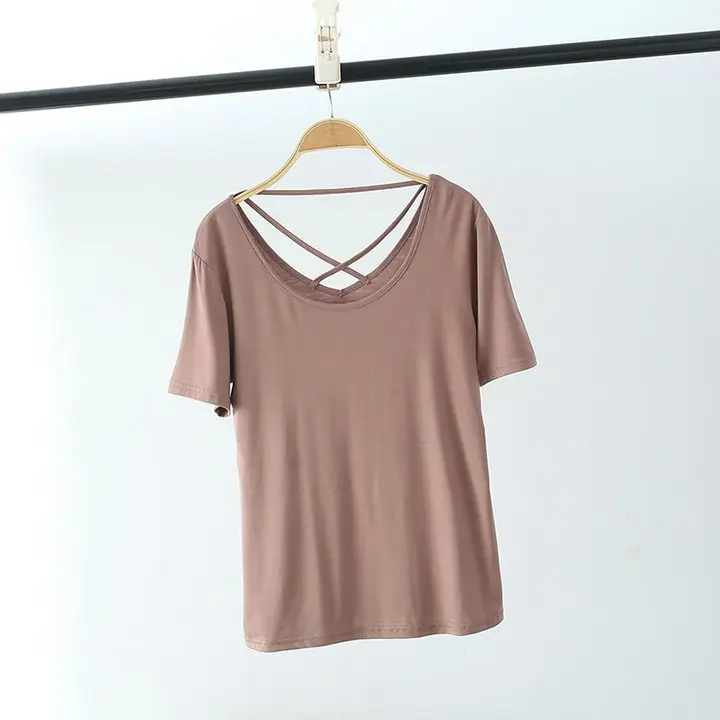 Women's Pink Back Hollow Crossback T-Shirt - Image 5