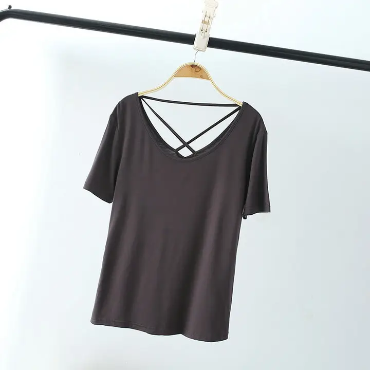 Women's Pink Back Hollow Crossback T-Shirt - Image 6