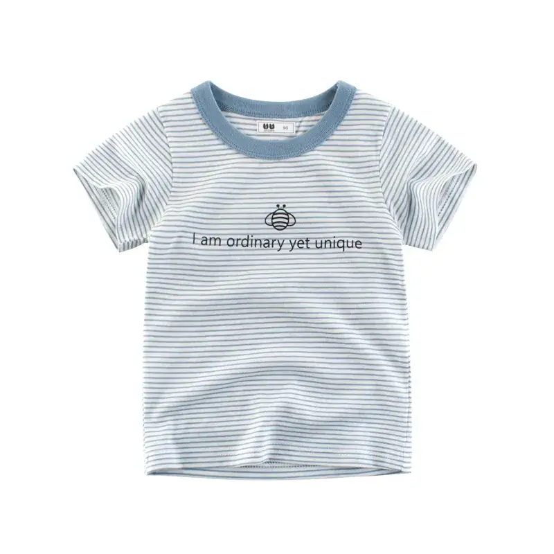 Kids Red Striped T-Shirt Short Sleeve Round Neck - Image 2