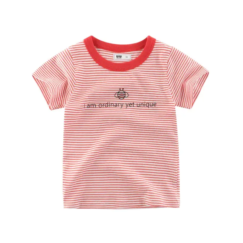 Kids Red Striped T-Shirt Short Sleeve Round Neck